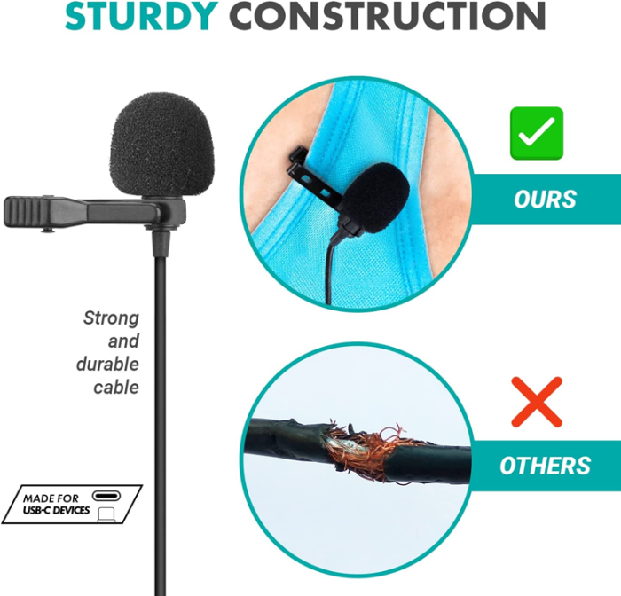 Lavalier - Lavalier Wired Omnidirectional Typ-C Clip On Mikrofoner - Svart