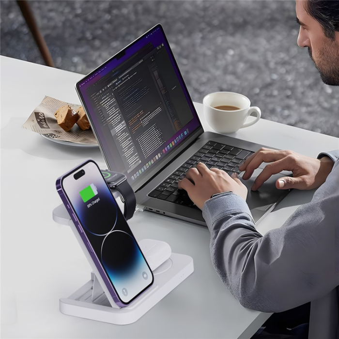 A-One Brand - 3in1 Trådlös Laddare Apple Watch, iPhone, Airpods 15W - Vit