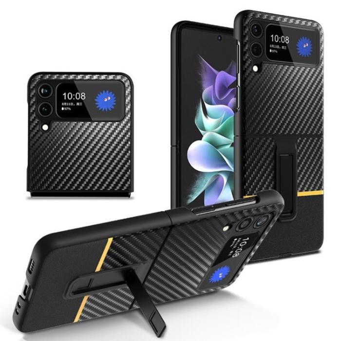A-One Brand - Galaxy Z Flip 4 Skal Carbon Fiber Kickstand - Gul