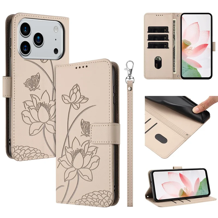 iPhone 17 Pro Max Konstläder Plånboksfodral Lotus Imprint - Beige (Beige) | 2353 | AlltMobil