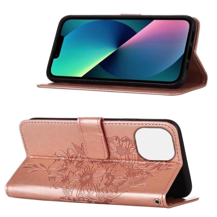 OEM - iPhone 14 Pro Max Plånboksfodral Butterfly Flower Imprinted - Rosa Guld