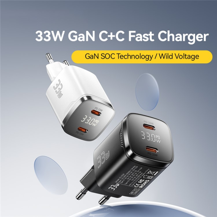 ESSAGER - ESSAGER GaN Snabbladdare 33W 2x USB-C med LED US - Vit