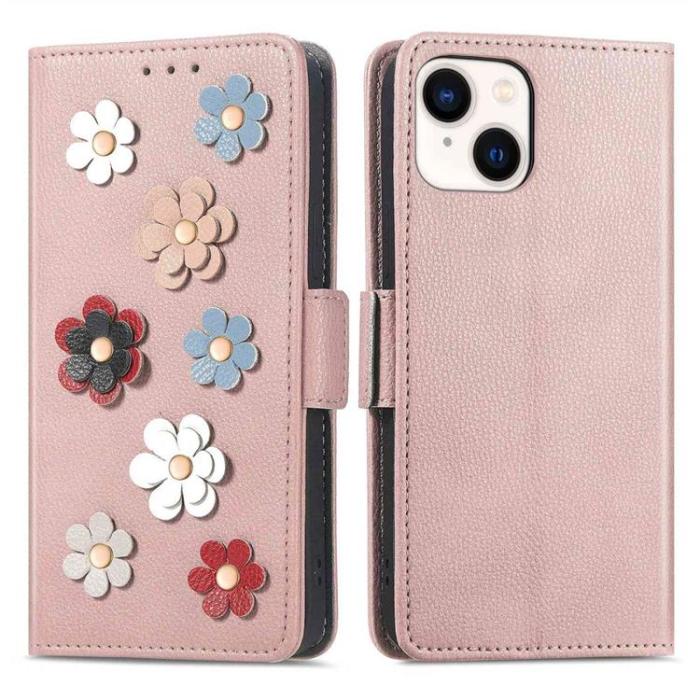 OEM - iPhone 14 Plus Plånboksfodral Flower Decor Magnetic - Rosa Guld