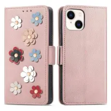 OEM - iPhone 14 Plus Plånboksfodral Flower Decor Magnetic - Rosa Guld