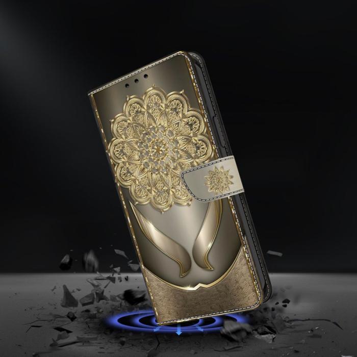 Amorus - Samsung Galaxy S26 Plånboksfodral Mönstertryck Konstläder Flip Ställ - Guld