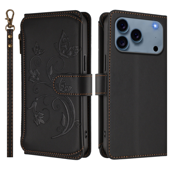 A-One Brand - iPhone 17 Pro Max Plånboksfodral Butterfly Floral Imprint - Svart