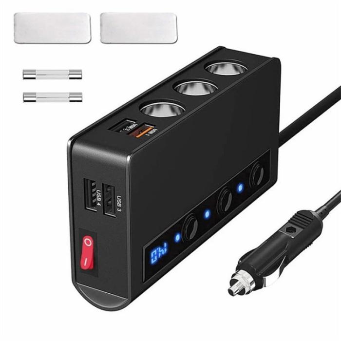 OEM - 180W Billaddare 3 Cigarette Lighter Uttag 4 USB QC3.0 Snabbladdare - Svart