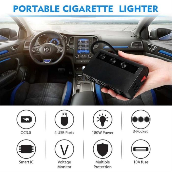 OEM - 180W Billaddare 3 Cigarette Lighter Uttag 4 USB QC3.0 Snabbladdare - Svart