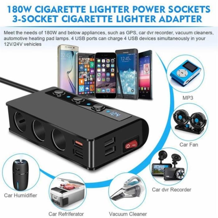 OEM - 180W Billaddare 3 Cigarette Lighter Uttag 4 USB QC3.0 Snabbladdare - Svart