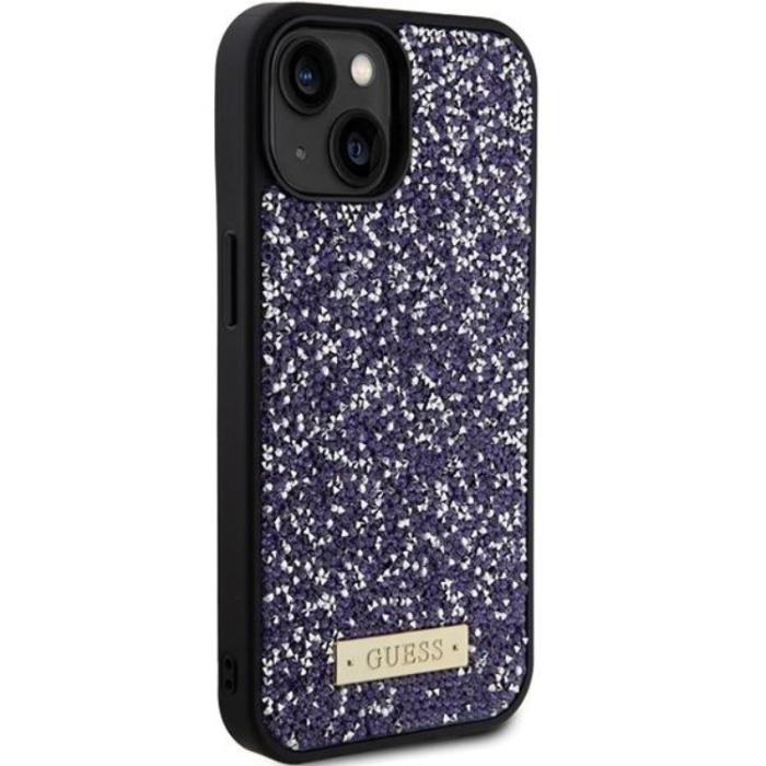 UTGATT1 - Guess iPhone 15 Mobilskal Rhinestone Metal Logo - Lila
