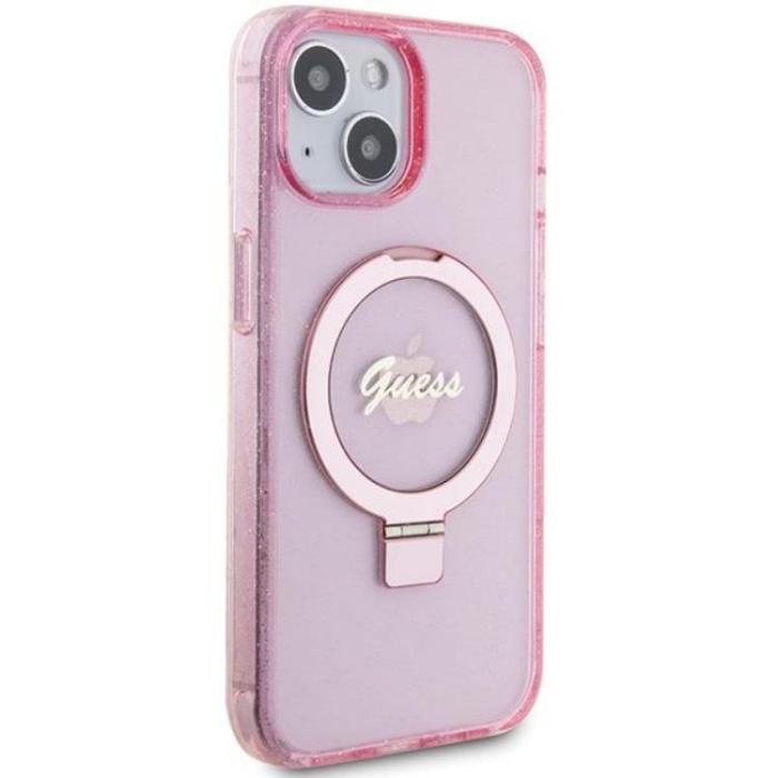 Guess - Guess iPhone 15/14 Plus Mobilskal Magsafe Ringställ Script Glitter - Rosa