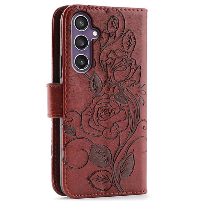 A-One Brand - Galaxy S25 Konstläder Plånboksfodral Imprinted Rosa Butterfly - Brun