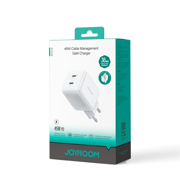 Joyroom - JOYROOM Snabbladdare 45W 2x USB-C Infällbar USB-C Kabel EU
