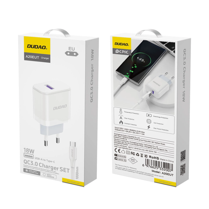 Dudao - Dudao Väggladdare 18W Med USB-C Kabel - Vit
