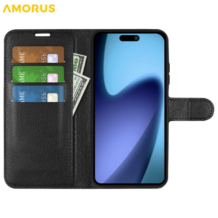 Amorus - AMORUS iPhone Air Plånboksfodral Flipstativ Litchi - Svart