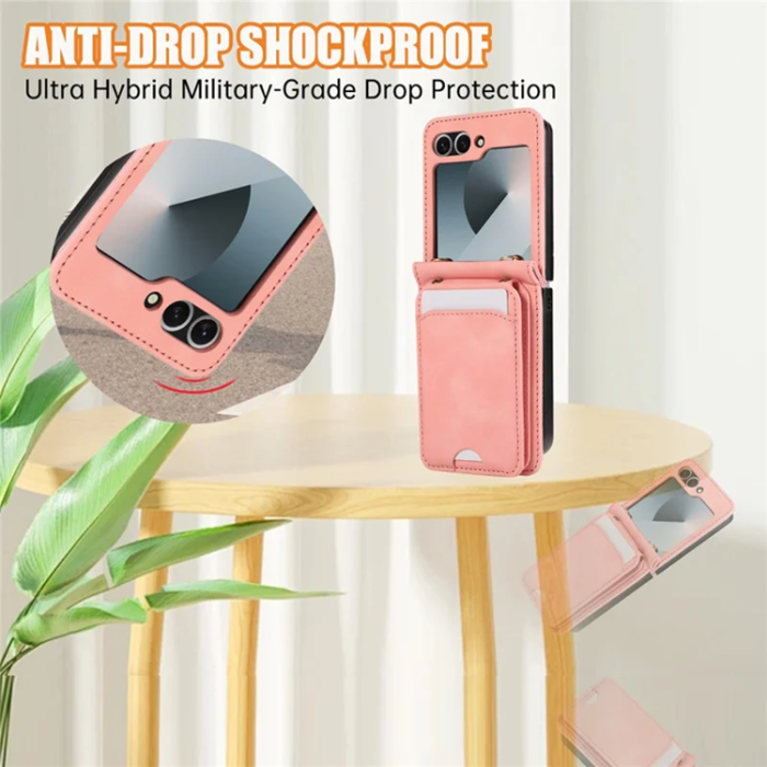 A-One Brand - Galaxy Z Flip7 Plånboksfodral Kickstand med Axelrem - Rosa