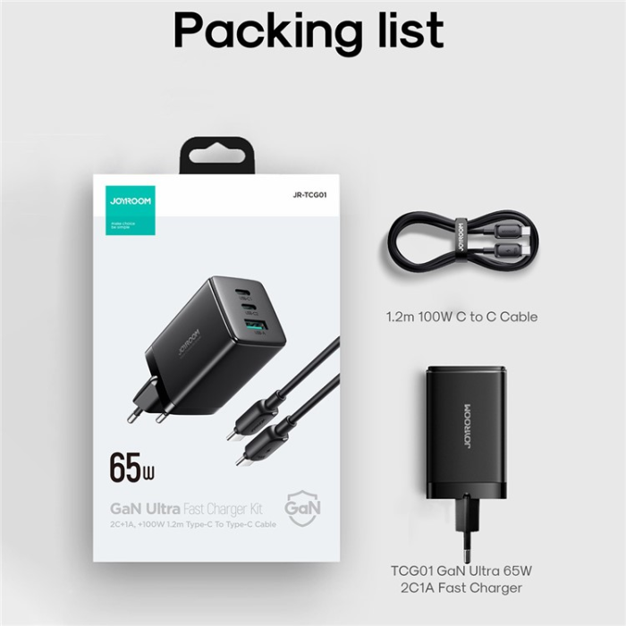 Joyroom - JOYROOM Snabbladdare 65W 2x USB-C/USB-A Kabel USB-C 1.2m EU
