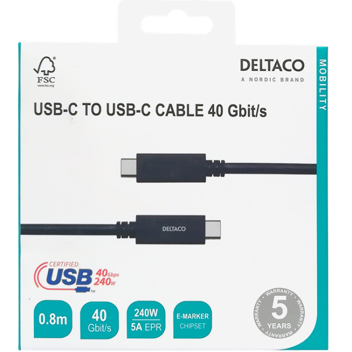 UTGATT1 - Deltaco Gen3 USB-C till USB-C 5A Kabel 0.8m 240W - Svart