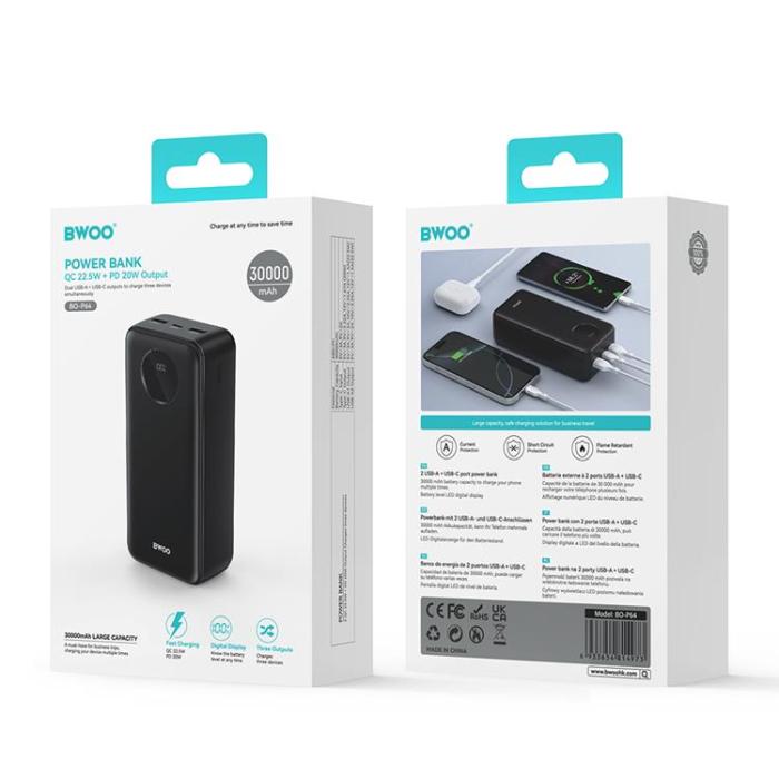 BWOO - BWOO Powerbank 30000mAh 22.5W med LCD-skärm - Svart