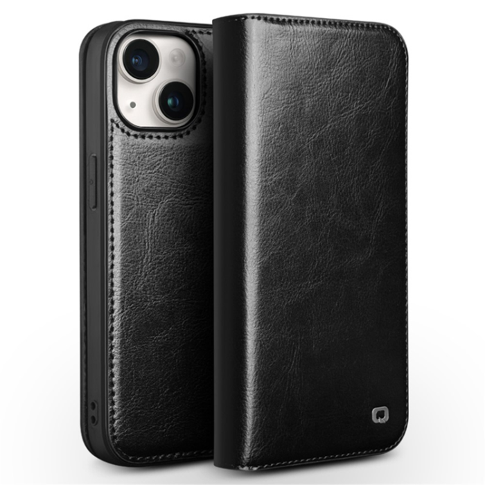 QIALINO - Qialino iPhone 15 Plånboksfodral Äkta Läder Cowhide - Svart