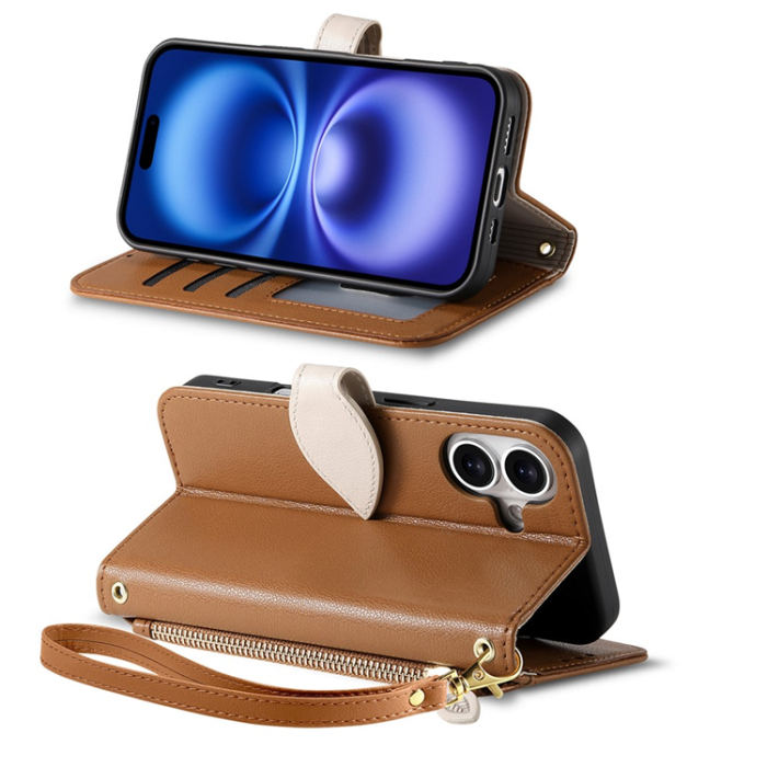 A-One Brand - iPhone 17 Plånboksfodral Leaf Magnetiskt Spänne Konstläder - Brun