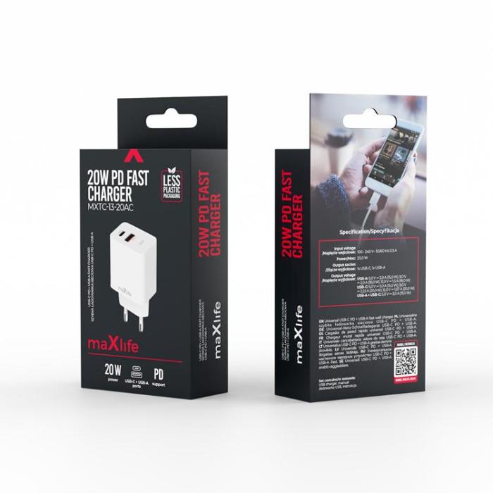 Maxlife - Maxlife Snabbladdare 1xUSB-C 1xUSB-A 20W PD QC MXTC-13-20AC - Vit