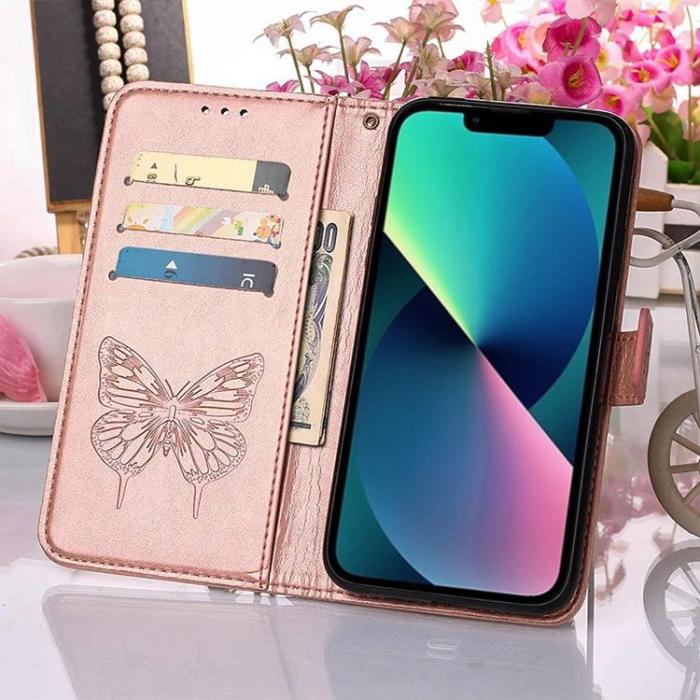 OEM - iPhone 14 Pro Max Plånboksfodral Butterfly Flower Imprinted - Rosa Guld