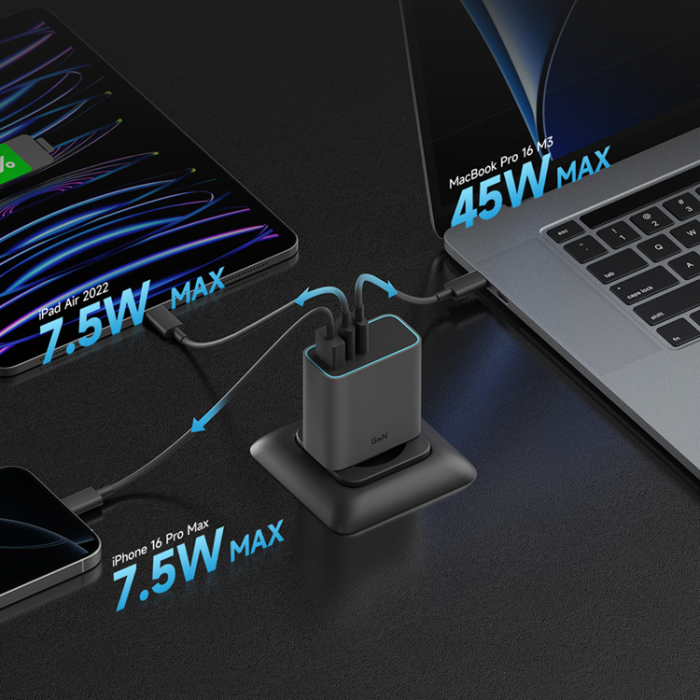 Cuktech - Cuktech Snabbladdare 65W 2xUSB-C 1xUSB-A GaN - Grå