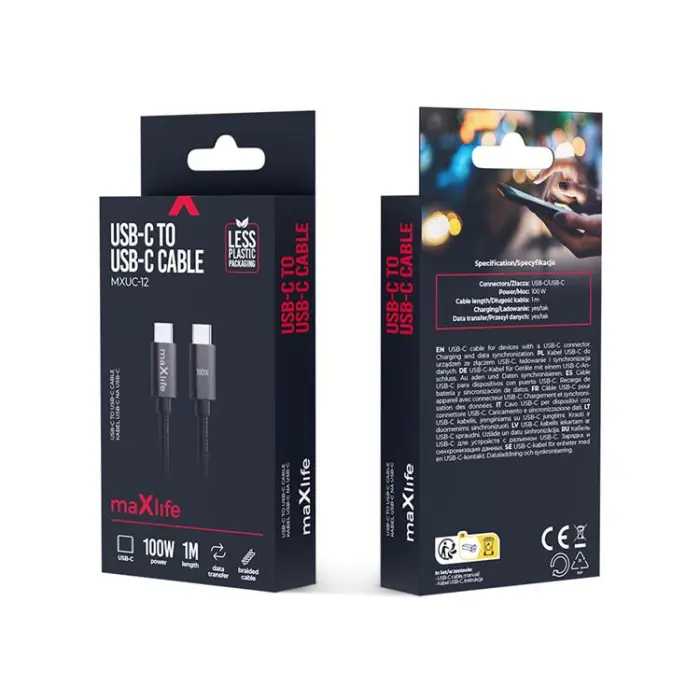 Maxlife - Maxlife USB-C - USB-C Kabel 1 m 100W - Svart