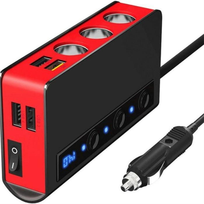OEM - 180W Billaddare 3 Cigarette Lighter Uttag 4 USB QC3.0 Snabbladdare - Svart/Röd