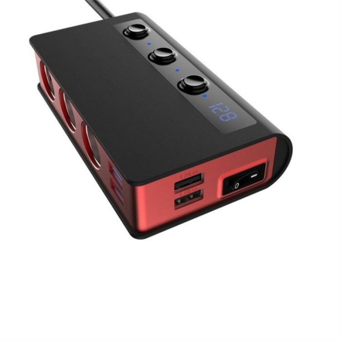 OEM - 180W Billaddare 3 Cigarette Lighter Uttag 4 USB QC3.0 Snabbladdare - Svart/Röd