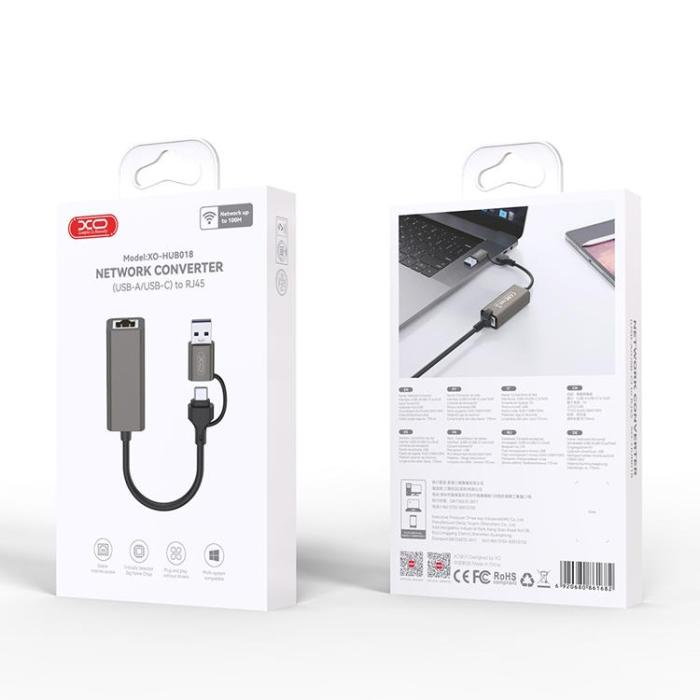 XO - XO 2in1 USB-A - USB-C HUB Adapter RJ45 - Grå