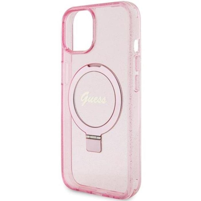 Guess - Guess iPhone 15/14 Plus Mobilskal Magsafe Ringställ Script Glitter - Rosa