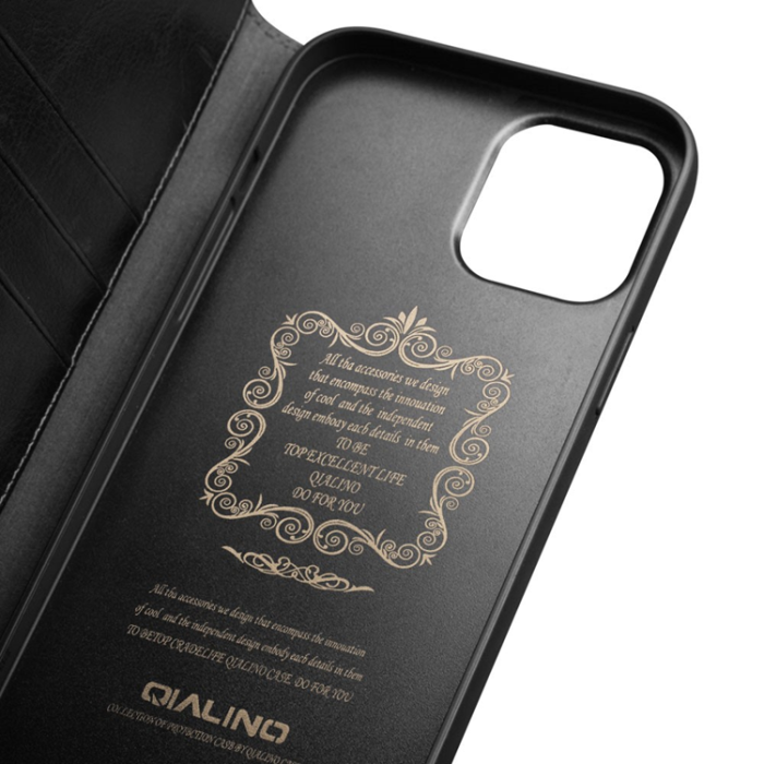 QIALINO - QIALINO iPhone 12 Pro Max Plånboksfodral Äkta Läder Shockproof - Svart