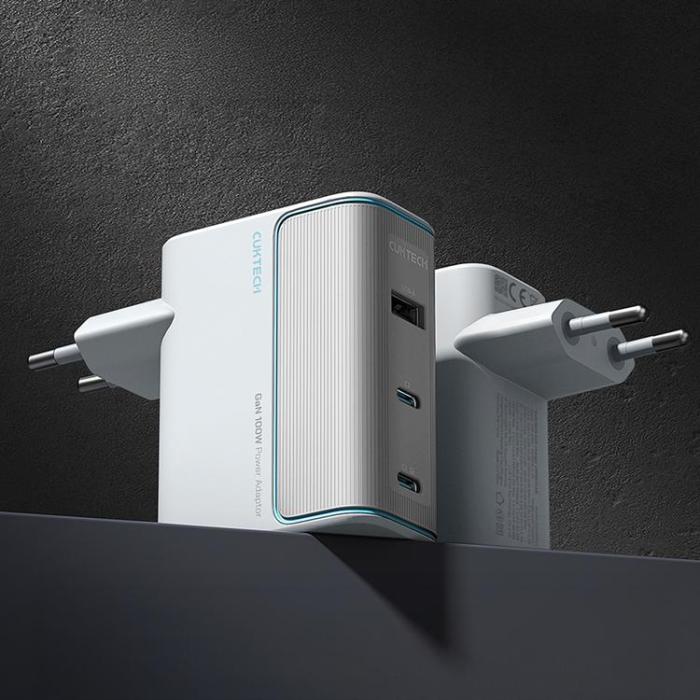 Cuktech - Cuktech Snabbladdare 100W GaN 2xUSB-C 1xUSB-A med Kabel AD1003EU - Vit