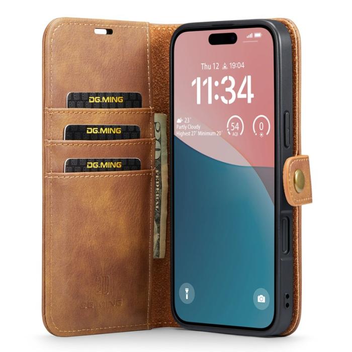 DG.MING - DG.MING iPhone 16 Plus Plånboksfodral Äkta Läder Avtagbart - Brun