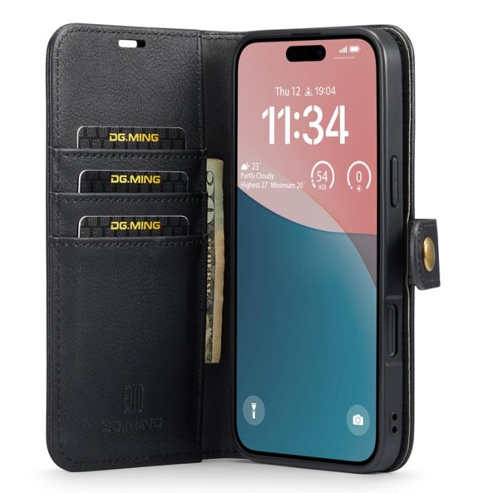 DG.MING - DG.MING iPhone 16 Plus Plånboksfodral Äkta Läder Avtagbart - Svart