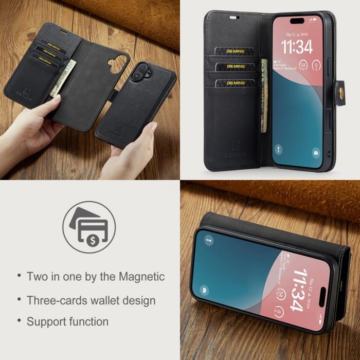 DG.MING - DG.MING iPhone 16 Plus Plånboksfodral Äkta Läder Avtagbart - Svart