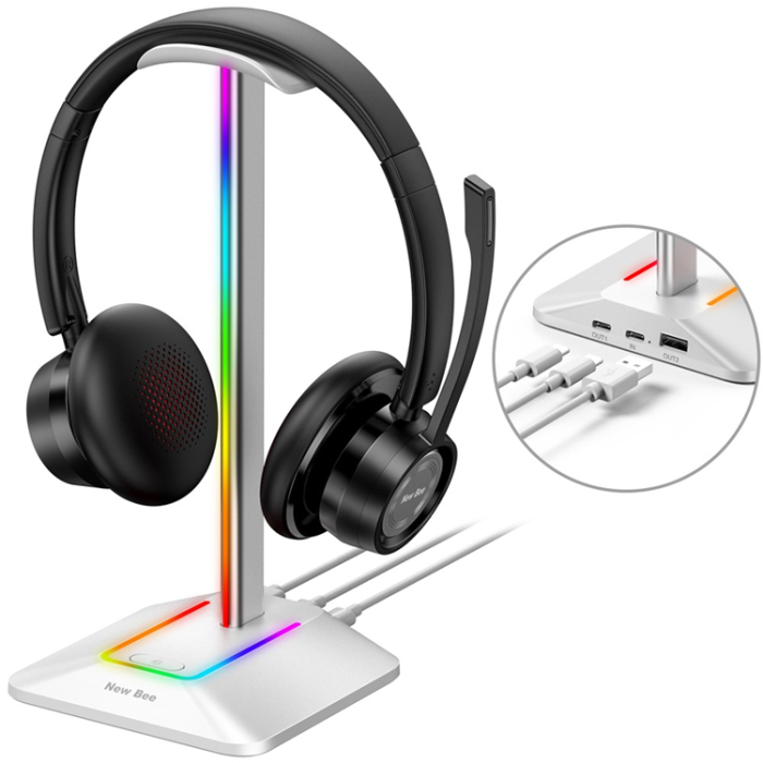 A-One Brand - NEW BEE RGB-Ljus Hörlursställ med USB, Typ-C Expansionshub Z8 - Silver