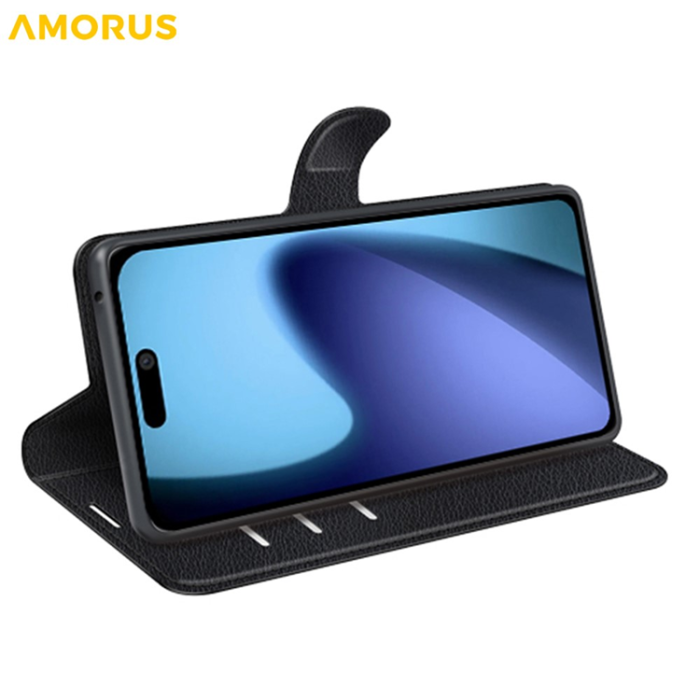 Amorus - AMORUS iPhone Air Plånboksfodral Flipstativ Litchi - Svart