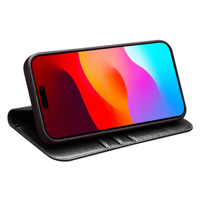 QIALINO - Qialino iPhone 15 Plånboksfodral Äkta Läder Cowhide - Svart