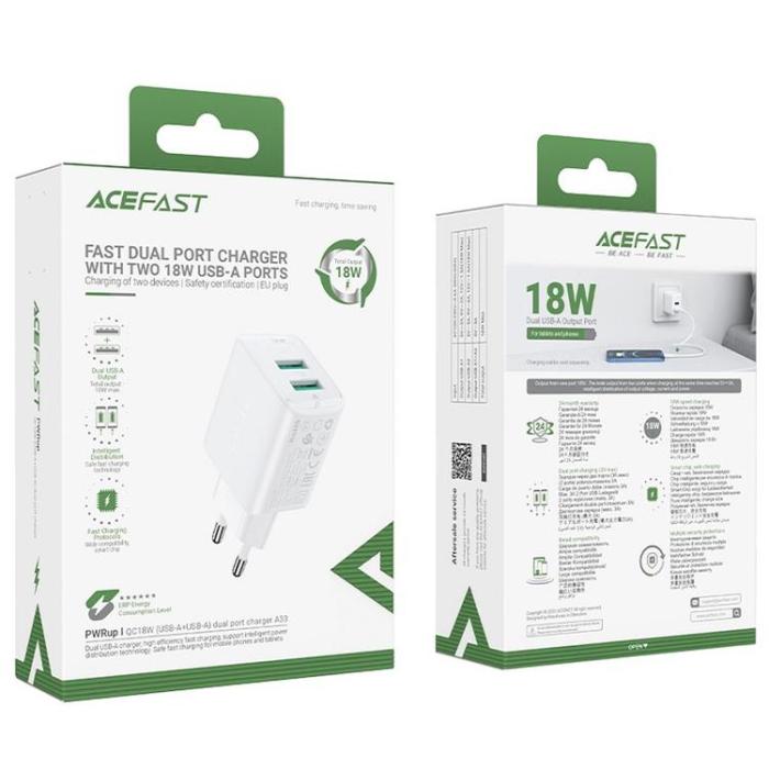 UTGATT1 - Acefast Väggladdare 18W 2 x USB - Vit