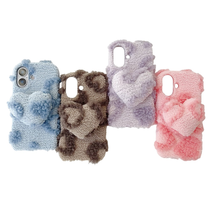A-One Brand - iPhone 17 Mobilskal 3D Heart Plush TPU Winter Warm Soft - Rosa
