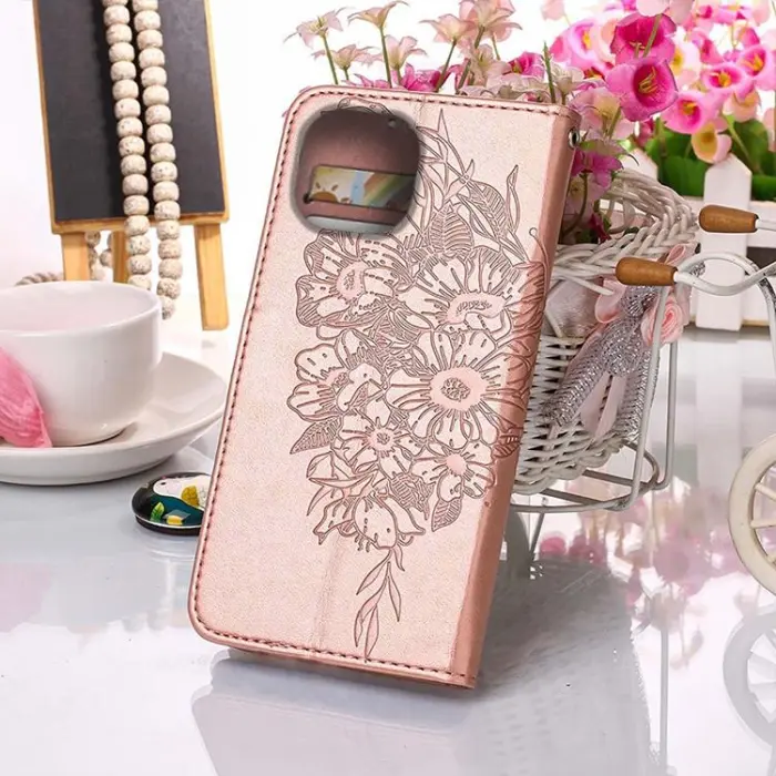 OEM - iPhone 14 Pro Max Plånboksfodral Butterfly Flower Imprinted - Rosa Guld