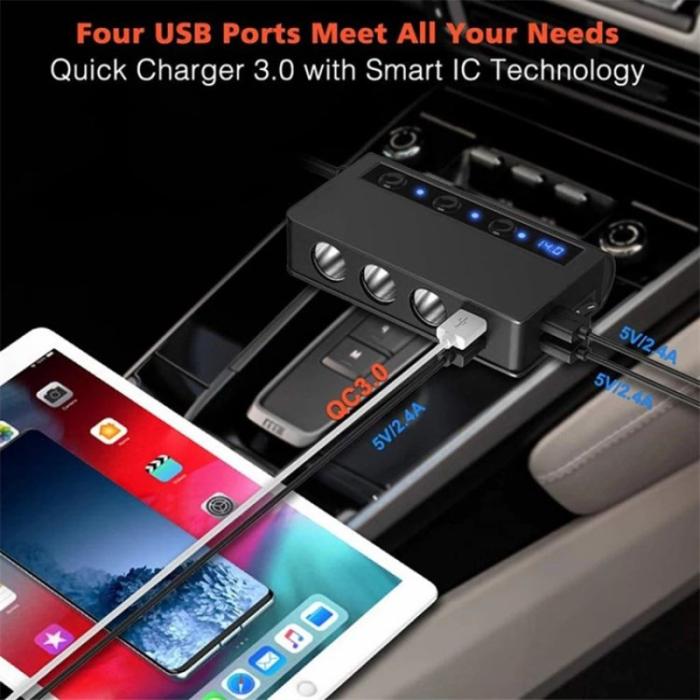 OEM - 180W Billaddare 3 Cigarette Lighter Uttag 4 USB QC3.0 Snabbladdare - Svart/Röd