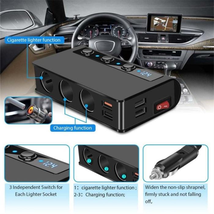 OEM - 180W Billaddare 3 Cigarette Lighter Uttag 4 USB QC3.0 Snabbladdare - Svart/Röd