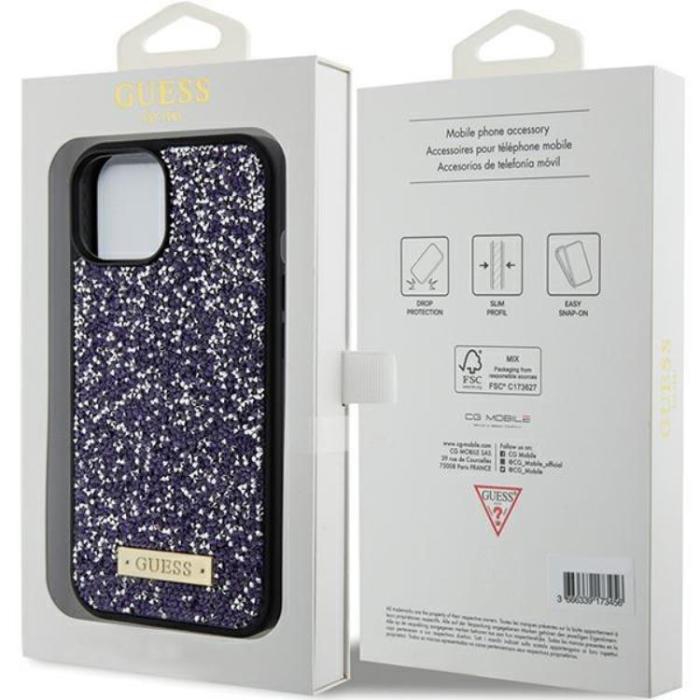 UTGATT1 - Guess iPhone 15 Mobilskal Rhinestone Metal Logo - Lila