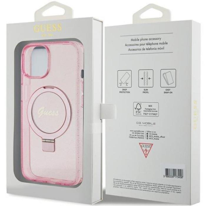Guess - Guess iPhone 15/14 Plus Mobilskal Magsafe Ringställ Script Glitter - Rosa