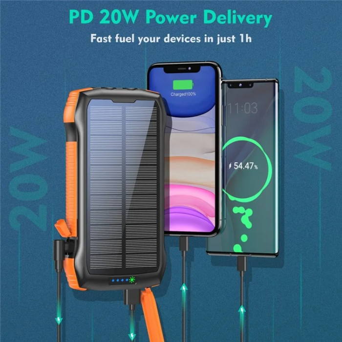 A-One Brand - Powerbank 20000mAh 3x USB/1x USB-C Solar Trådlös laddning