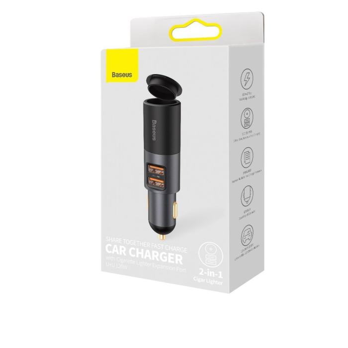 BASEUS - Baseus 2x USB-C Quick Charge Billaddare 120W - Grå